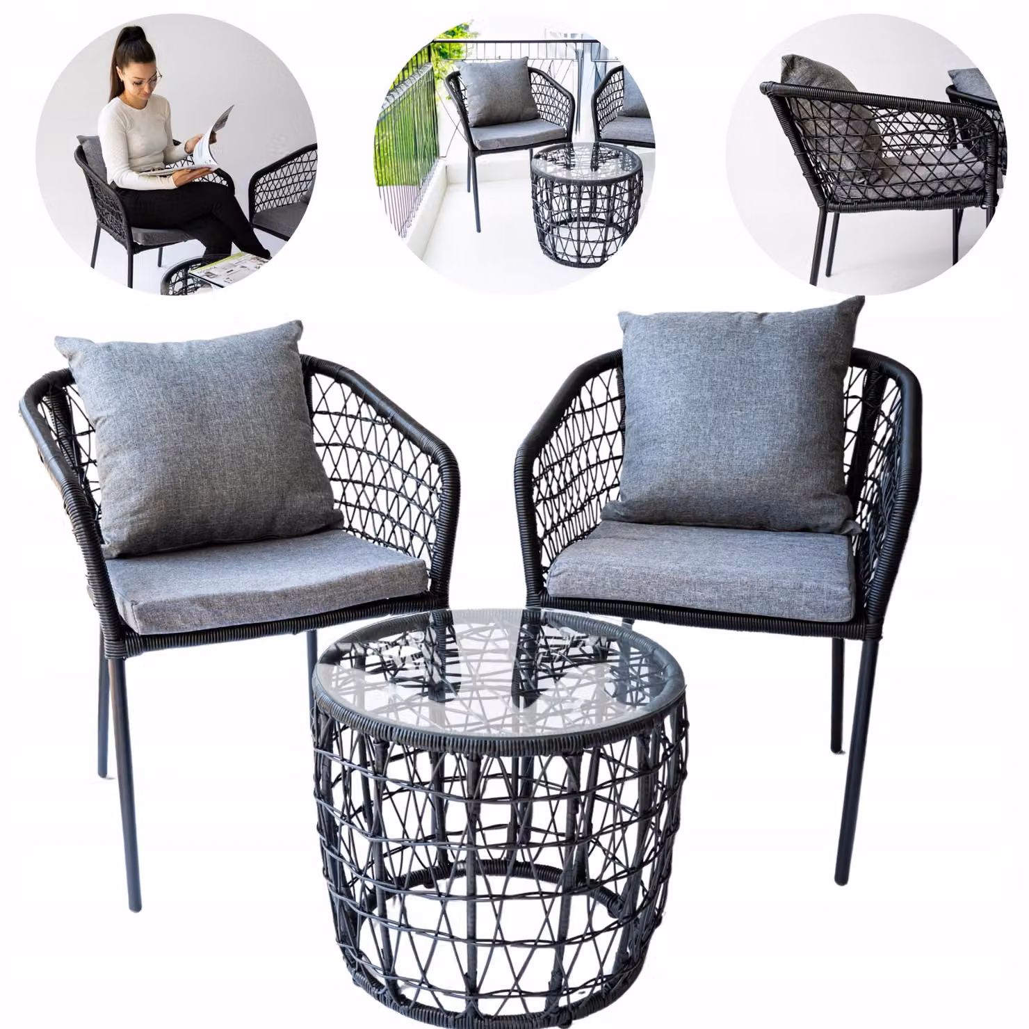 Renovey set mobili da giardino 0T24R109, tavolo e 2 sedie, nero-grigio