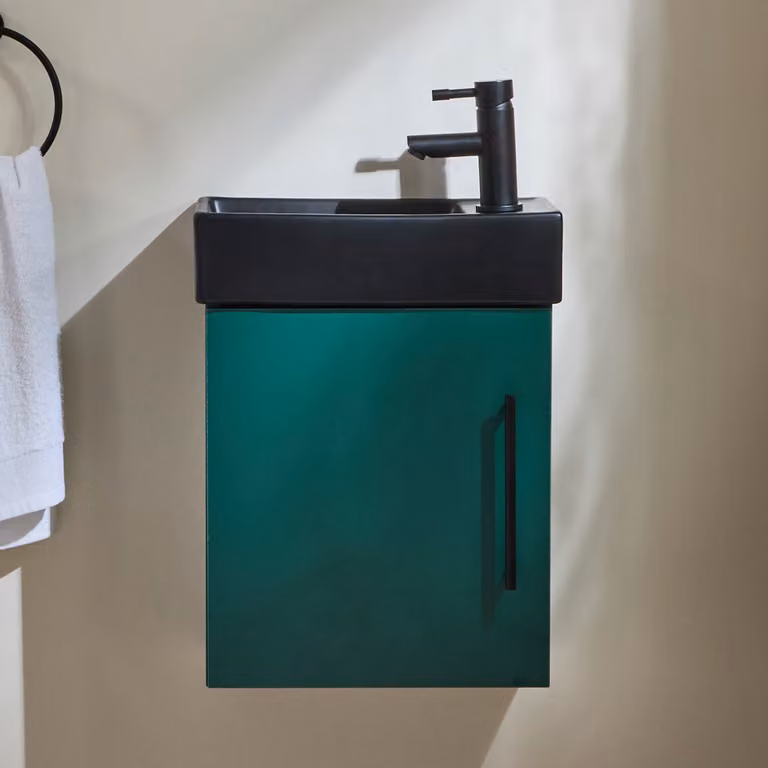 Mobile Bagno Verde Scuro Sospeso da 400mm con Lavabo Nero e Maniglia con Barra a T Nera - Cluo