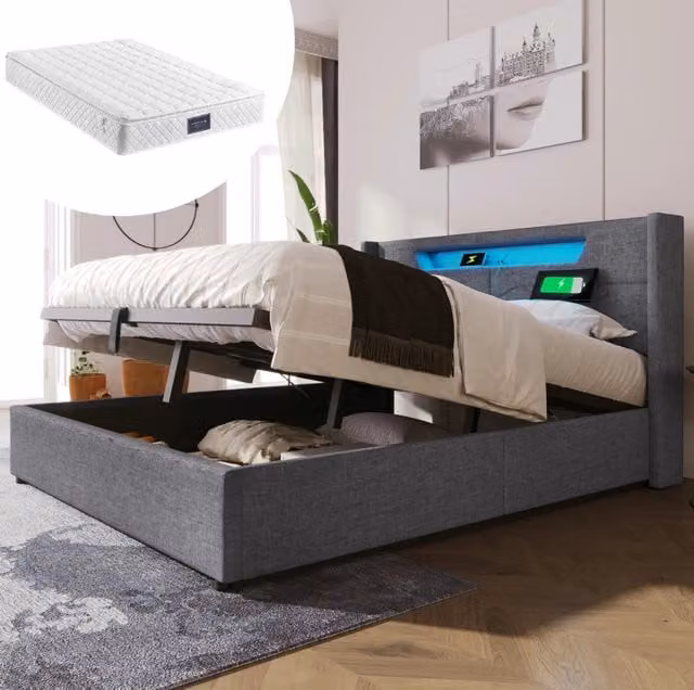 Letto matrimoniale 160x200 cm con LED, USB e contenitore