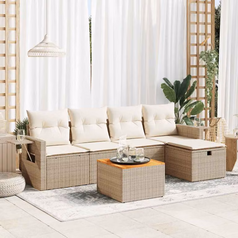 Set Divano da Giardino vidaXL 6 pz a Forma a L in Polyrattan con Cuscini Beige e Tavolino, Design Moderno per Terrazza e Giardino