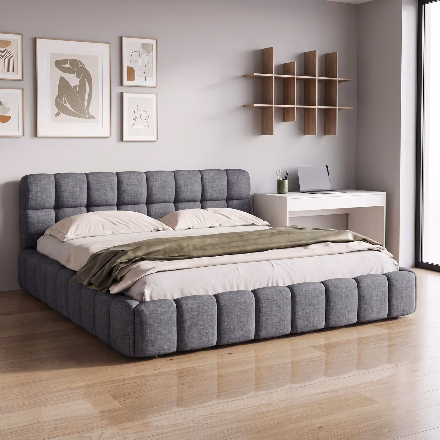 Letto imbottito INONEFT, 140 x 200 cm, letto matrimoniale con schienale e bordi imbottiti, letto "Bubble" per ragazzi con rete a doghe, tessuto di lino, colore grigio