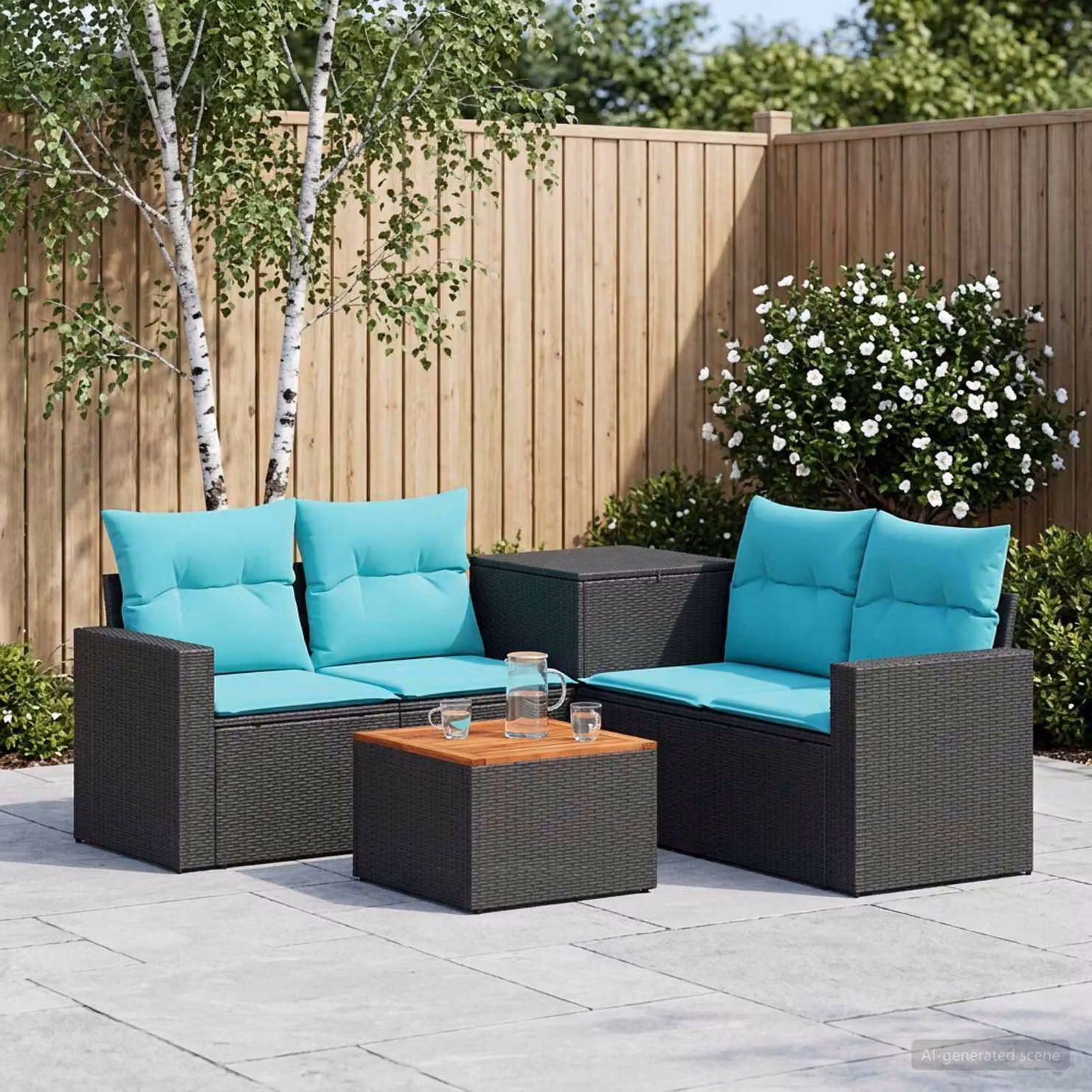 Set di divani da giardino vidaXL a forma di L composto da 6 pezzi in polyrattan con tavolino da caffè, colori nero, blu e turchese