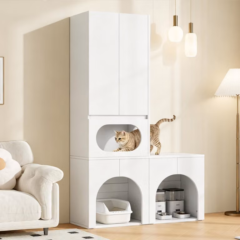 MODFU - Armadio per animali domestici, armadio alto con zona relax per animali, armadio per lettiere, armadio portaoggetti, armadio per 2 lettiere e ripiani, casetta per gatti, bianco, senza lettiera