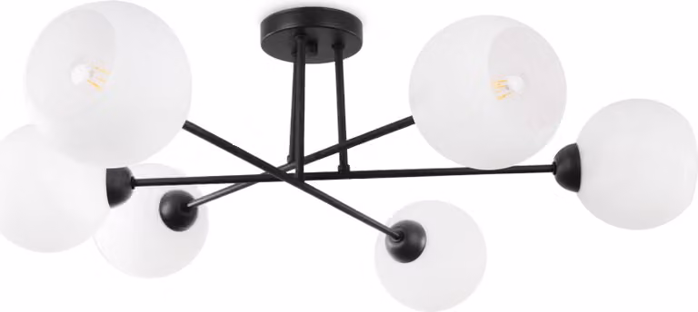 Lampada da soffitto Asturia nera a 6 luci con paralume in vetro bianco E27