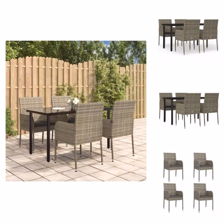 vidaXL Set da pranzo da giardino 5 pezzi con cuscini in poly rattan nero e grigio - Set di mobili da giardino