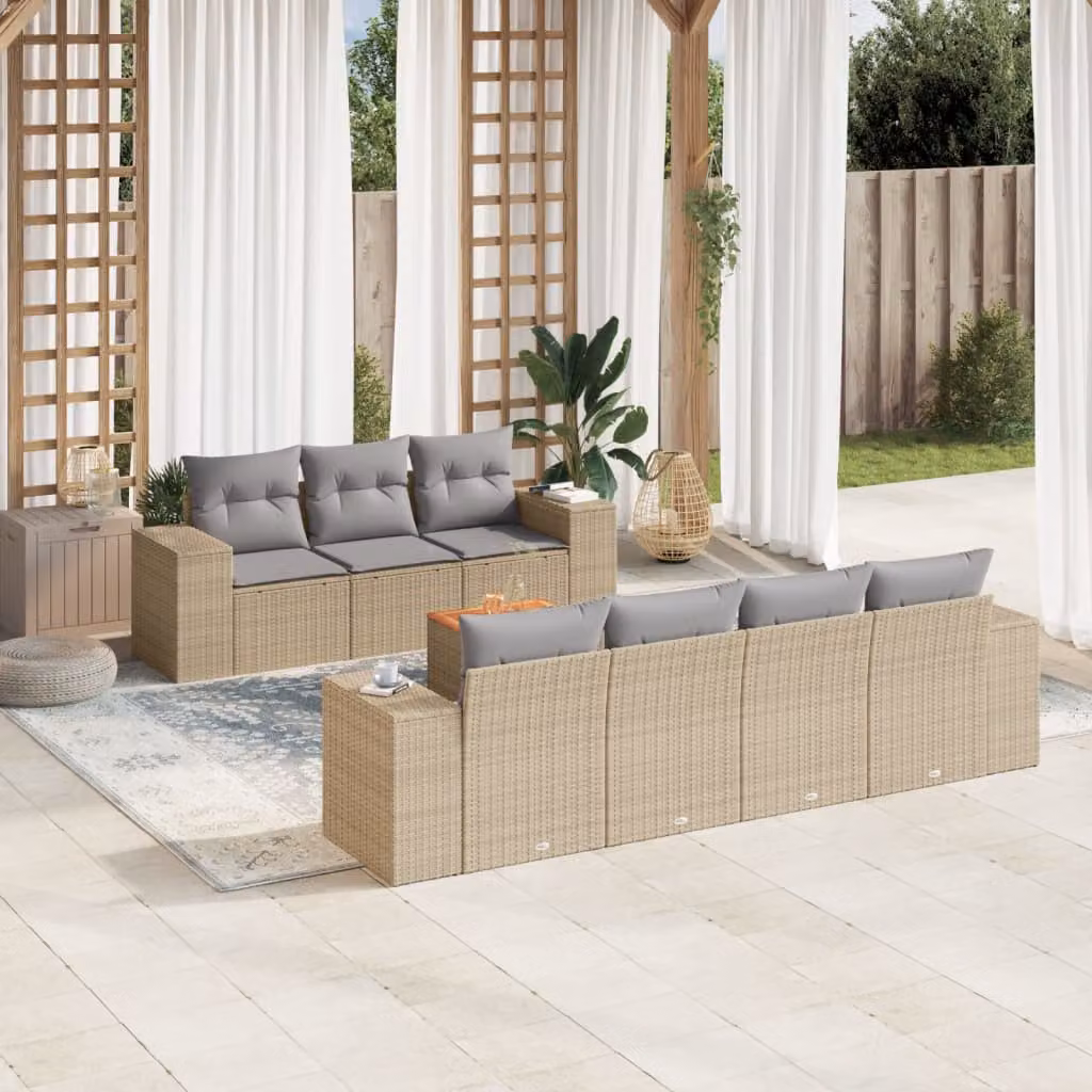vidaXL Set Divano da Giardino 8 pz a Forma di L in Polyrattan con Cuscini Beige e Grigio – 1