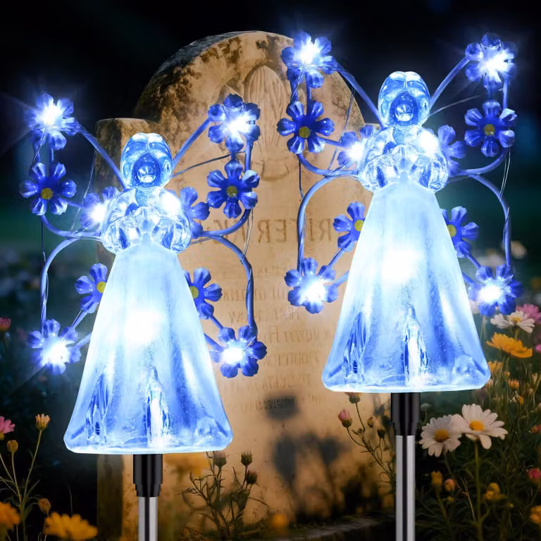 Set di 2 luci solari, 14 LED, impermeabili, 8 modalità, ideali per cimiteri, giardini