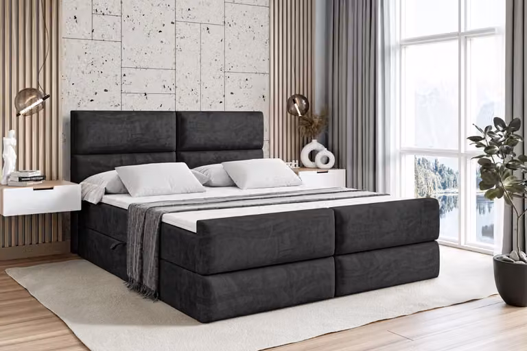 Letto boxspring ALTDECOR con pediera, materasso H3 e topper - 140x200 cm - BOXI3-Z - Velluto nero - Letto imbottito con contenitore e rete a doghe, letto con spazio contenitivo