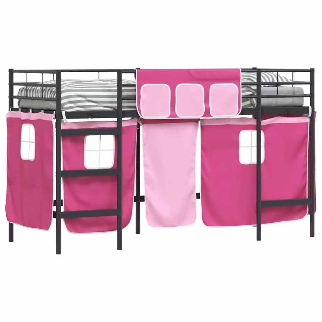 Letto Loft Singolo per Bambini con Scala e Tendine in Metallo Nero e Rosa L/P/H: 200 x 100 x 194 cm – 2
