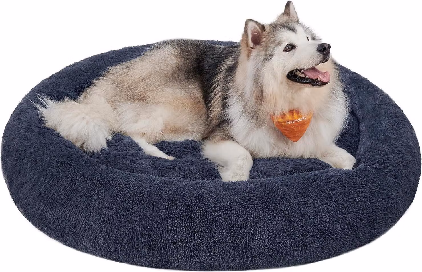 Lettino per cani Feandrea, cestino per gatti, cuscino a ciambella, lavabile, imbottitura centrale rimovibile, peluche lungo, diametro 140 cm, grigio scuro