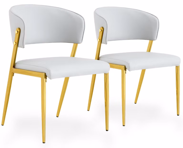Set di 2 sedie da pranzo in ecopelle, con schienale imbottito e gambe in metallo, colore grigio chiaro/oro