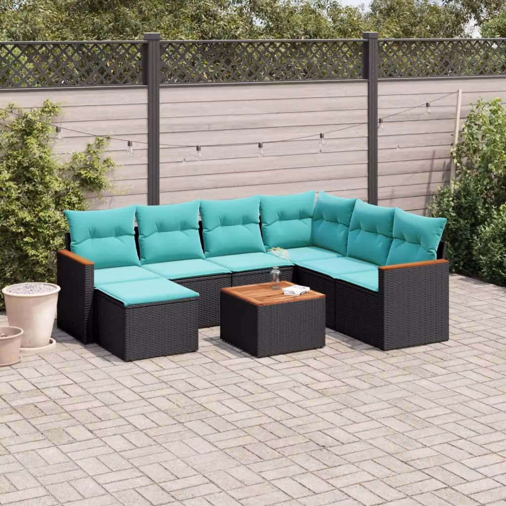 Set di divani da giardino vidaXL 8 pz in polyrattan nero con cuscini e tavolino da esterno