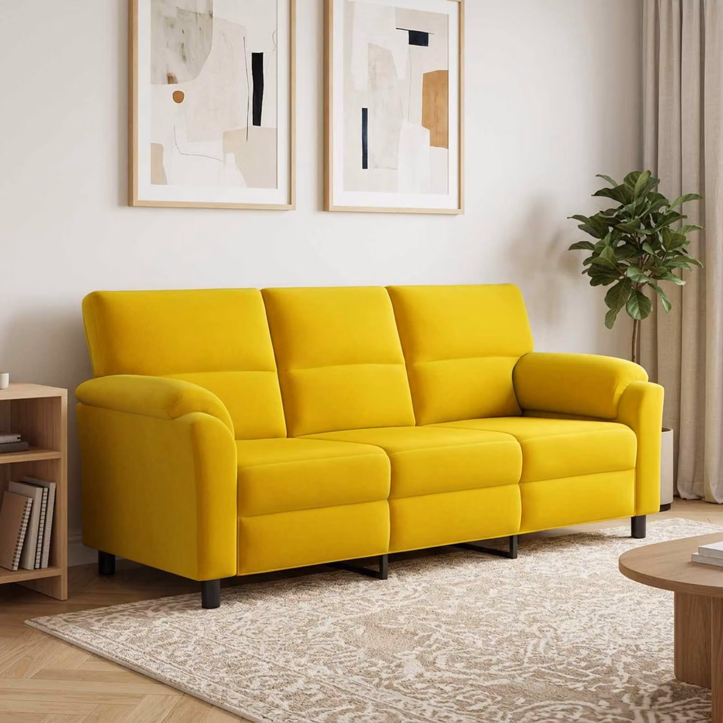 Divano moderno vidaXL in velluto giallo e nero con struttura in metallo, L: 214 cm, P: 85 cm, H: 93 cm