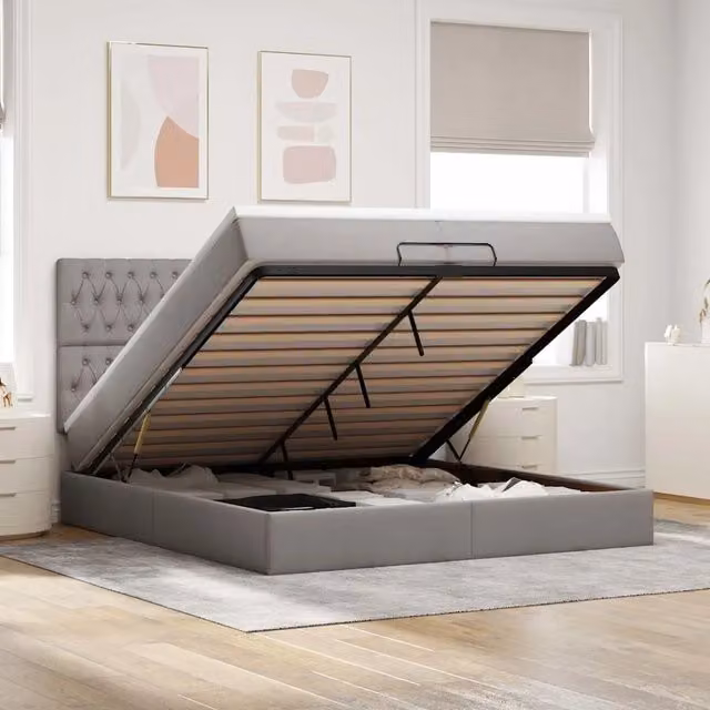 Letto con contenitore a sollevamento vidaXL in tessuto beige e grigio con porta USB e illuminazione sottostante L/P/H: 280 x 200 x 203 cm – 1