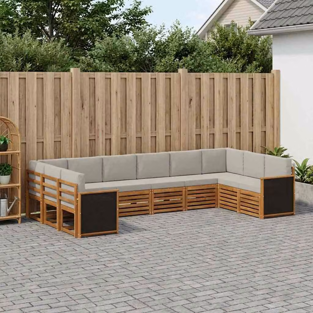 Set di divani da esterno vidaXL a forma di L composto da 7 pezzi in legno di acacia con cuscini in tessuto beige e grigio chiaro