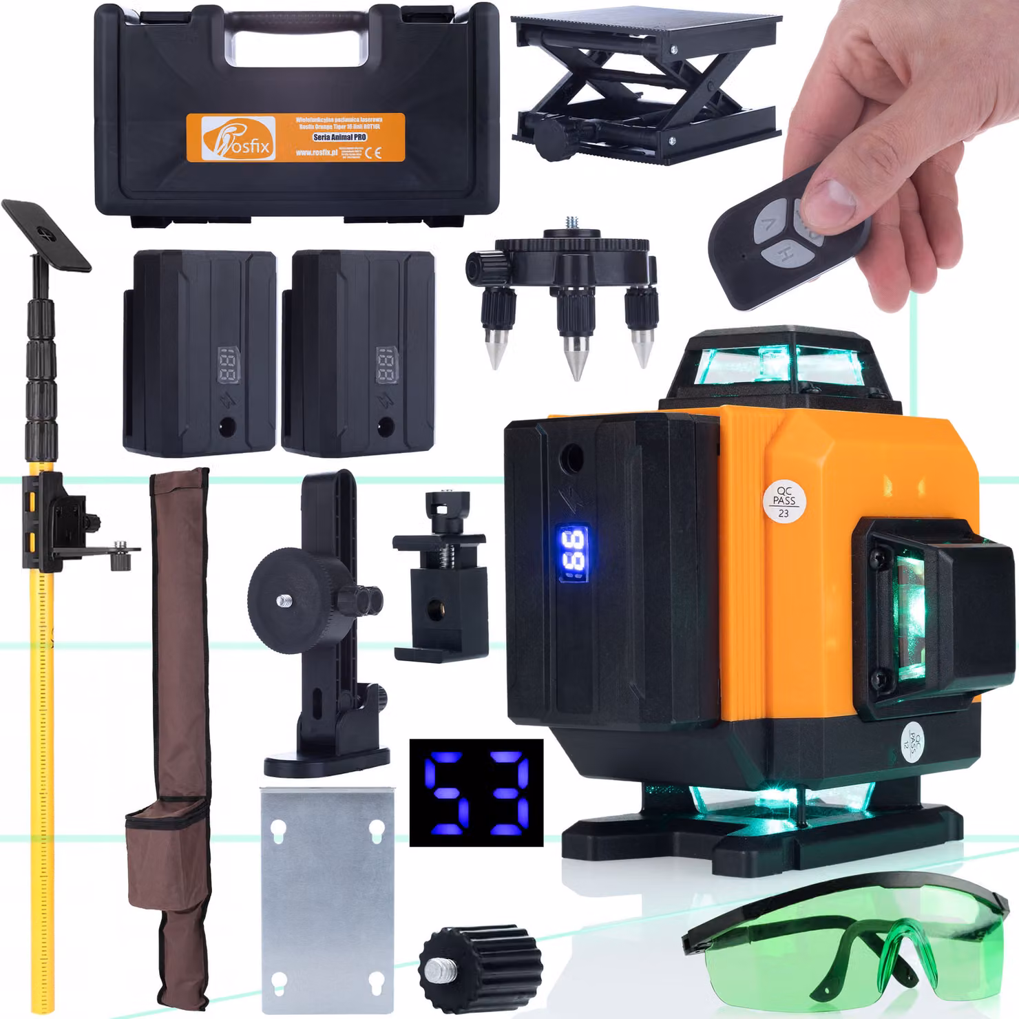 Rosfix Set Orange Tiger ROT16L – Livella Laser a 16 Linee, Laser Verde a 360°, IP54, Asta Telescopica da 285 cm, Supporto a Parete