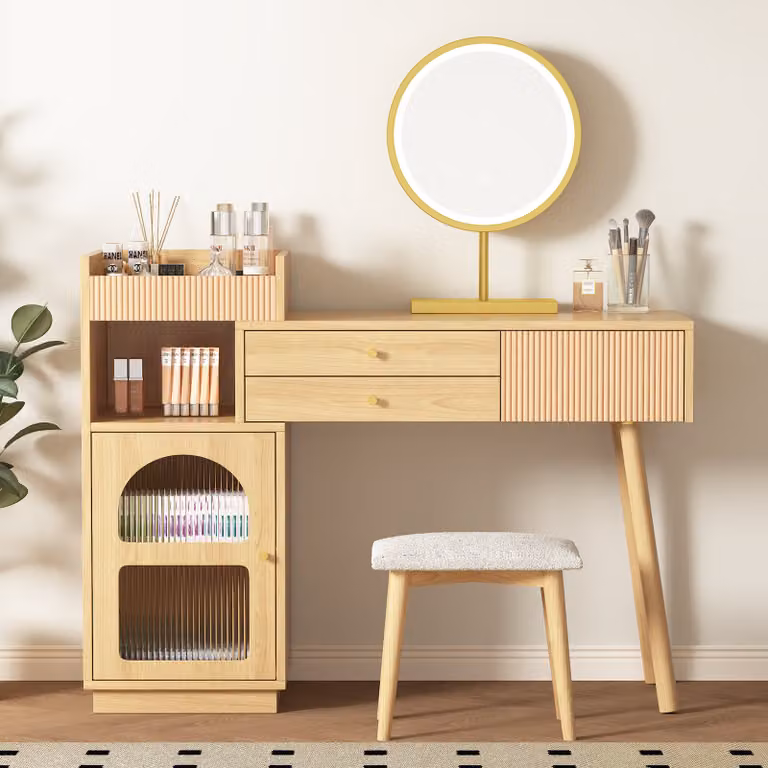 Flieks tavolo da toilette con specchio, specchio con led, tavolo da toilette con cassetti e armadietto, tavolo da toilette, 120x40x90cm, finitura naturale