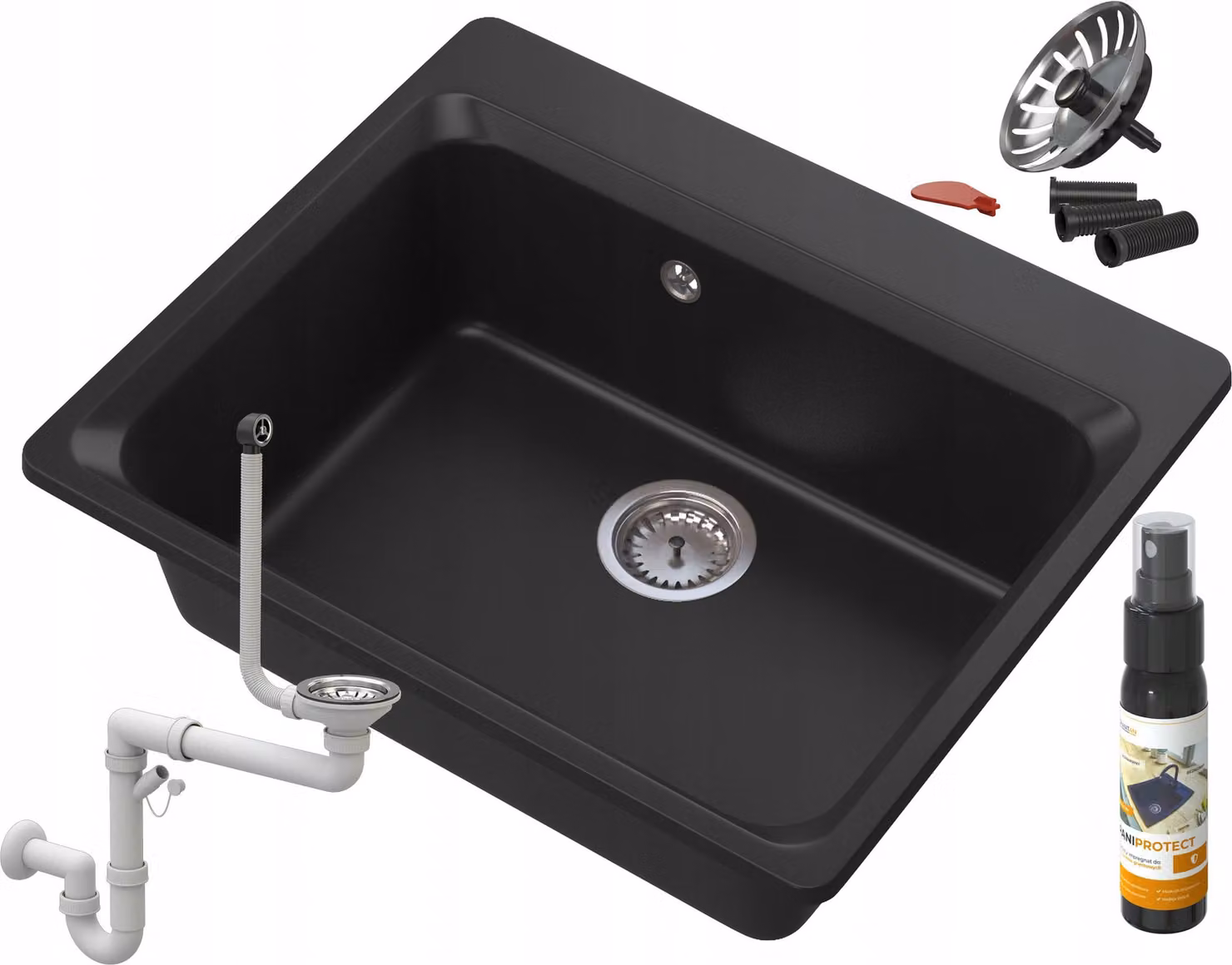 Granitan - Lavello in granito - Lavandino 61,9x52,2 cm - Lavello cucina nero - con sifone - ZANTE