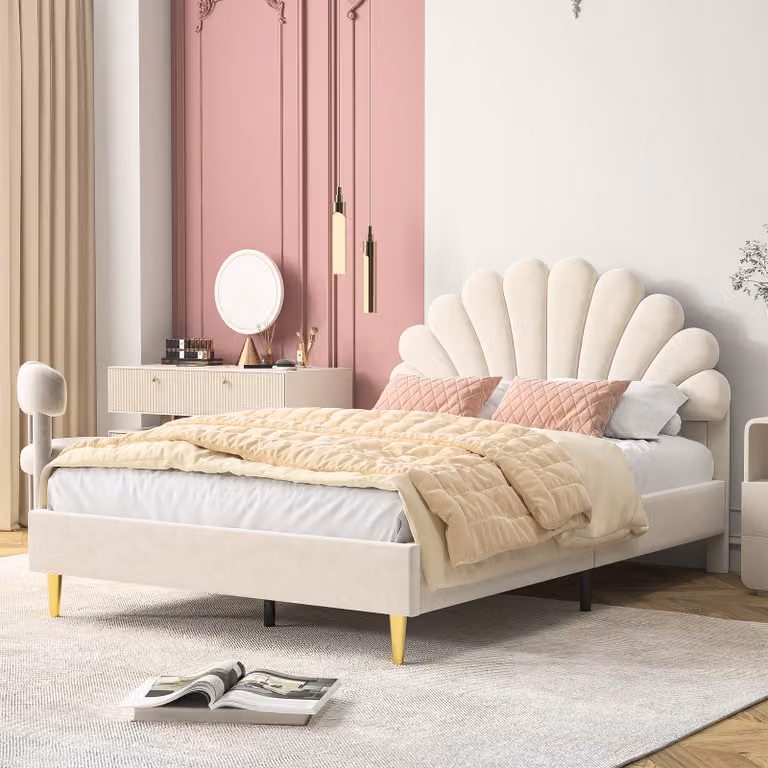 CDGlobal letto imbottito 140 x 200 cm struttura letto singolo letto matrimoniale letto di design con rete a doghe testiera a doghe in legno in beige, struttura letto 140x200