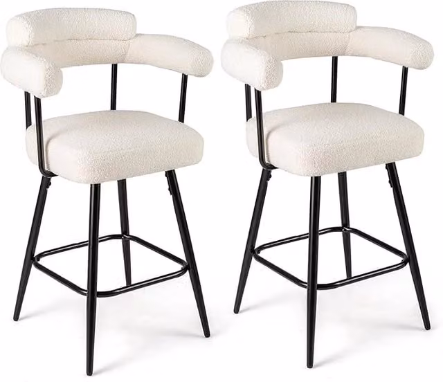 Set di 2 Sgabelli da Bar Girevoli Costway in Boucle con Braccioli e Poggiapiedi, Bianco
