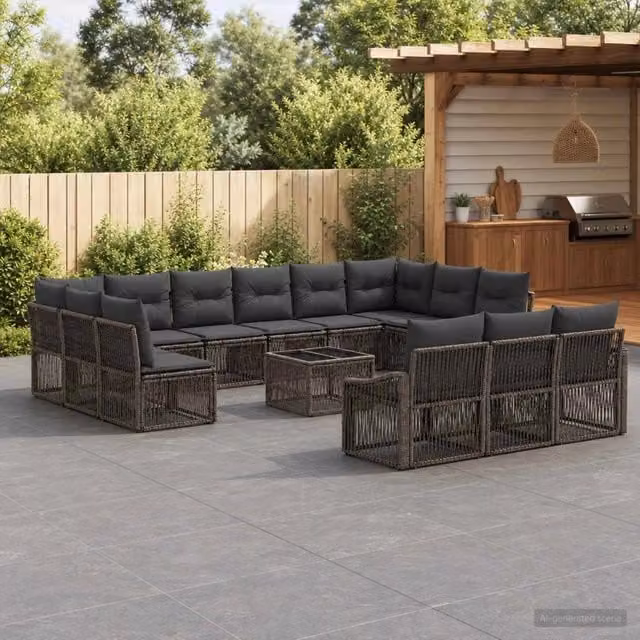 Set Divano da Giardino vidaXL 14 Pezzi a Forma di U Grigio con Tavolino e Cuscini in Polyrattan e Acciaio – 1