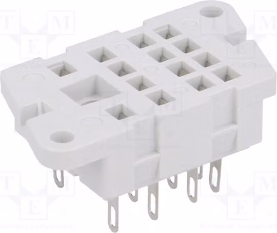1x Zoccolo con connettori: 14, 250 VAC, 6A. Montaggio: per superfici. Intervallo di temperatura: -40 ÷ 70°C. Modello: G4-01. Caratteristiche: elettromagnetico