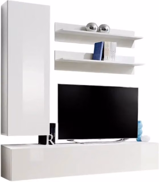 Composizione murale FLY H1 - Bianco lucido - Mobile TV sospeso con colonna e scaffali - Design moderno
