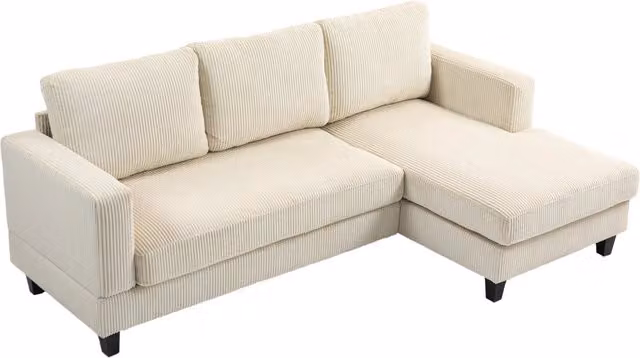 Divano angolare 3 posti in velluto a coste beige con chaise longue larghezza 214 cm design moderno per soggiorno