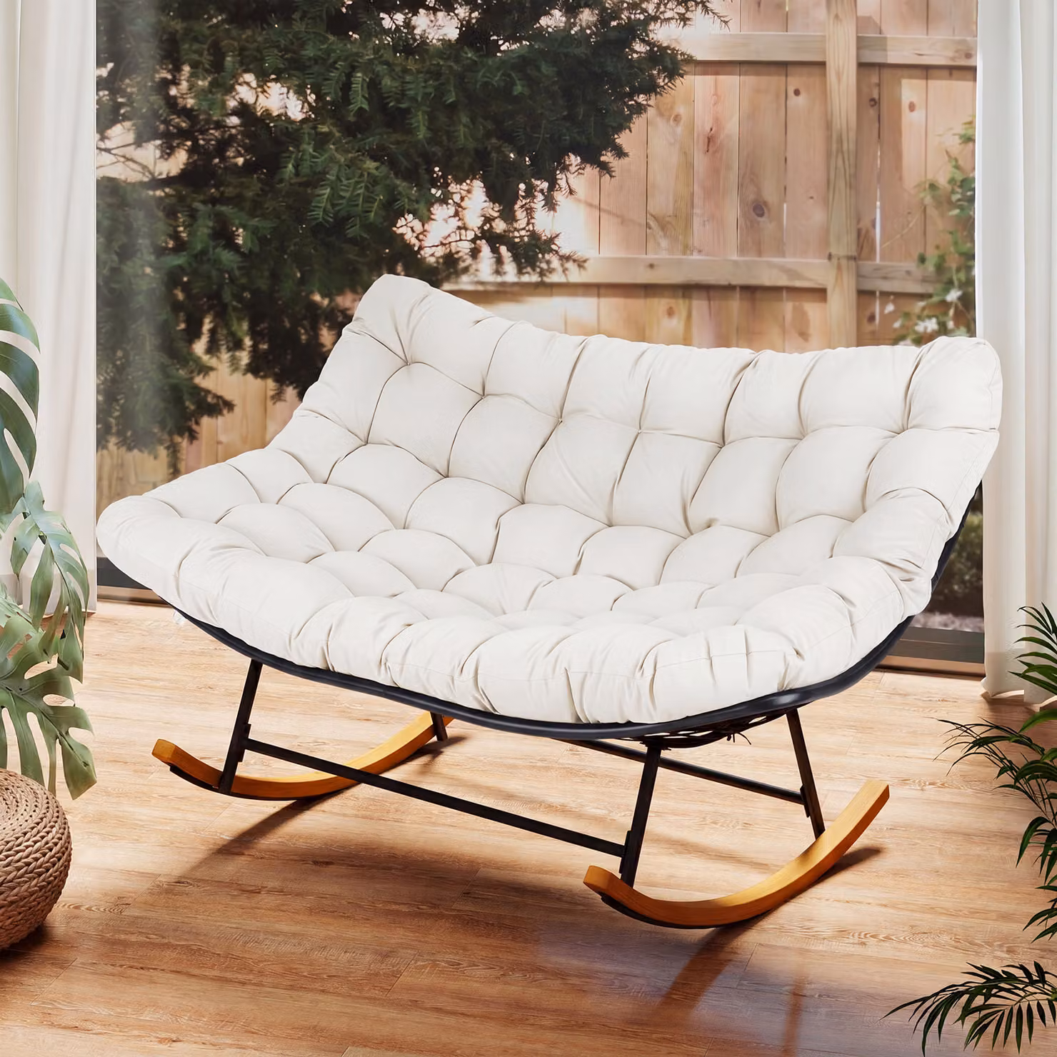 Poltrona dondolo papasan doppia Costway per 2 persone, divano oversize ovale beige per giardino e interni