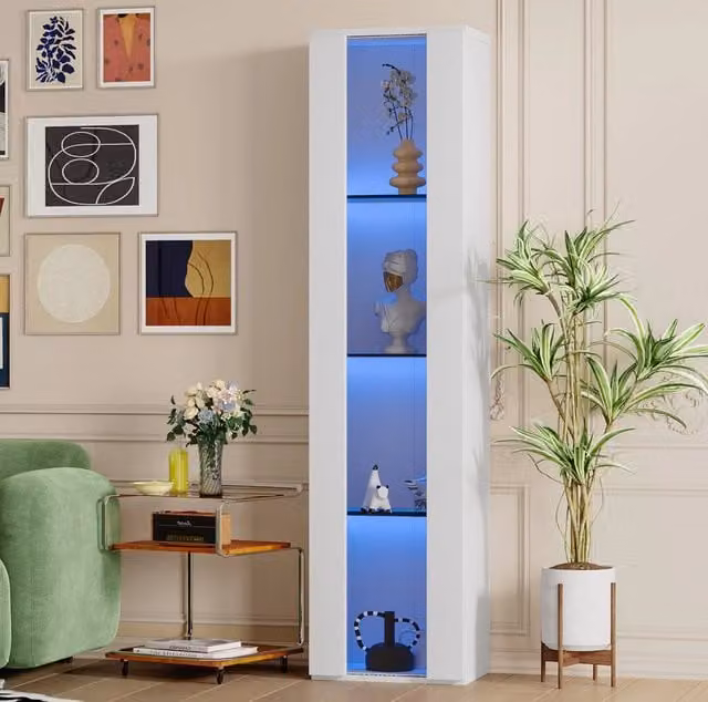 Vetrina moderna bianca con ante in vetro, illuminazione integrata e ripiani interni, L/P/H: 40 x 29 x 170 cm