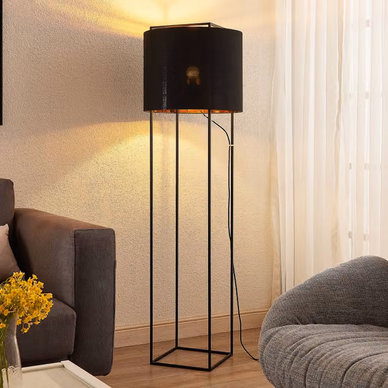 Lampada da terra Kesta Lindby, Nero, Soggiorno / Sala da pranzo, Tessuto / Stoffa / Seta, Giovanile, Lampada da terra