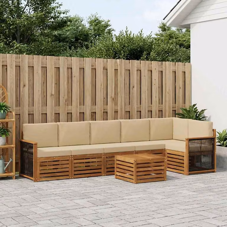 Set di divani da esterno vidaXL in legno di acacia con tavolo da caffè e cuscini, 6 pezzi, colore beige