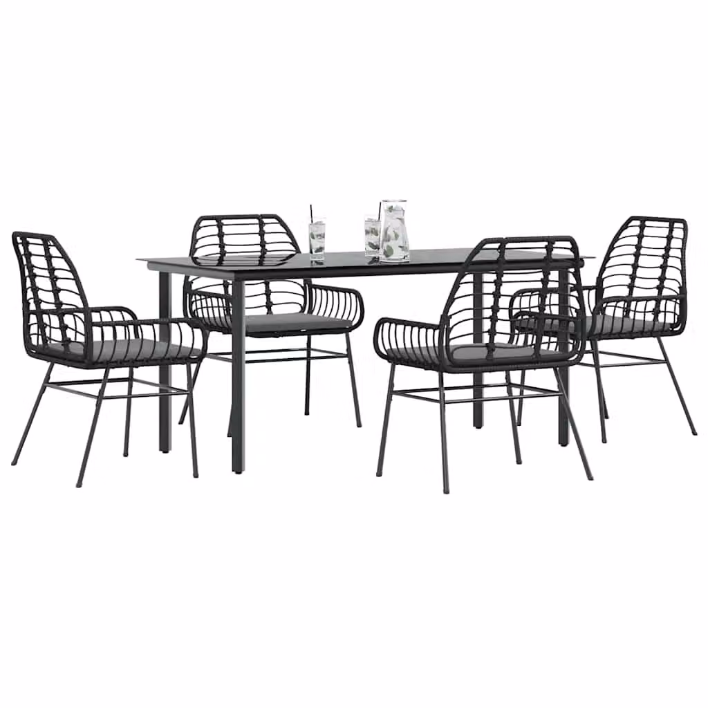 Set da pranzo da giardino vidaXL in polyrattan con tavolo in vetro e 5 cuscini, grigio e nero