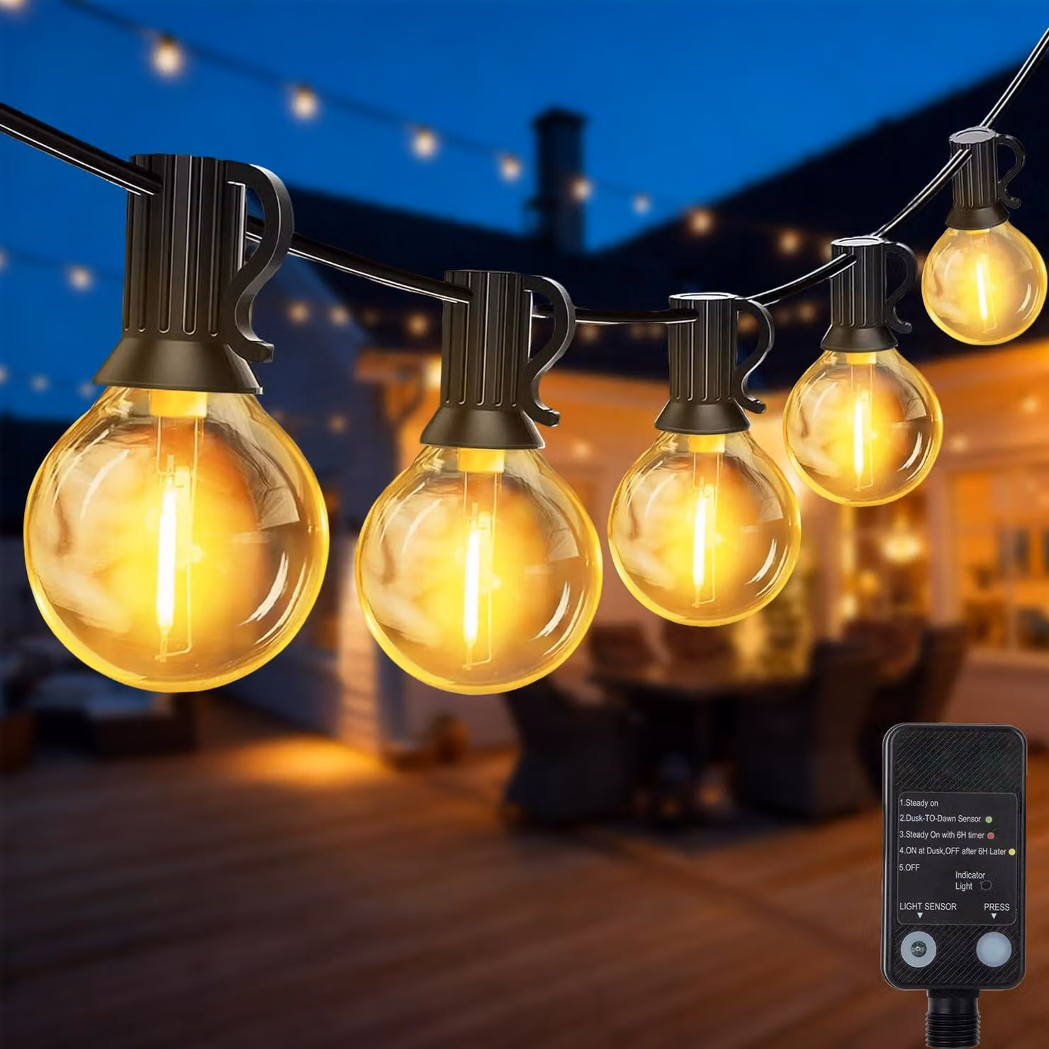 Catena luminosa a LED, 30 metri, 52 lampadine G40 a luce calda, grado di protezione IP65, materiale: plastica