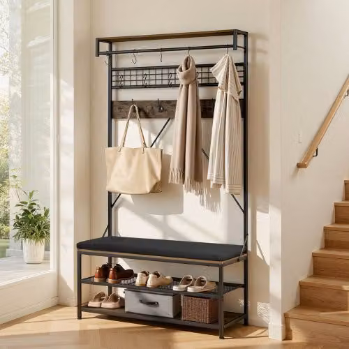 VEVOR Scaffale Appendiabiti da Ingresso con Ripiano Scarpiera in Metallo Nero, Armadietto Portabiti Autoportante per Ingresso, Camera da Letto o Soggiorno, L/P/H: 101,5 x 40 x 183 cm