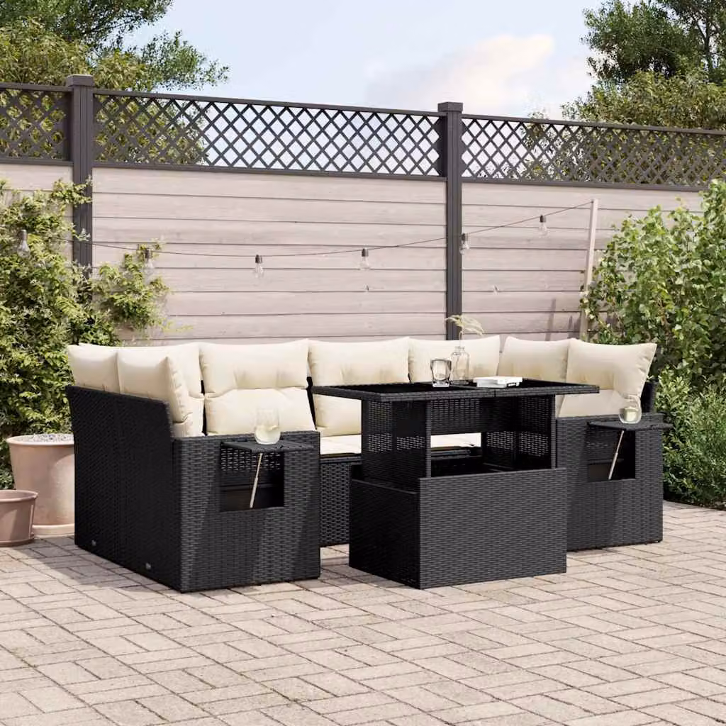 vidaXL Set Divani da Giardino a L con Cuscini 7pz Nero Moderno in Polyrattan e Acciaio – 1