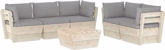 Set da soggiorno componibile a L per 6 persone con pallet in legno di quercia oliato e cuscini grigi per giardino e terrazza