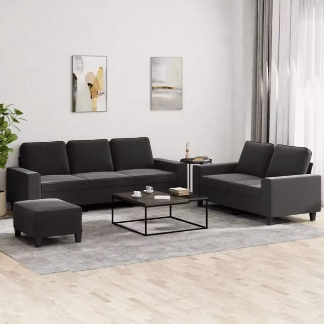 Set di divani moderno vidaXL in tessuto nero composto da divano a 3 posti, divano a 2 posti e pouf con cuscini inclusi – 1