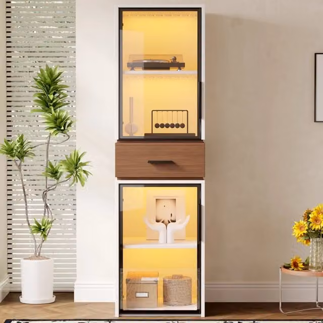 Vetrina FOLYNA moderna in MDF bianco con 2 ante in vetro, illuminazione LED multicolore e cassetto, L/P/H: 40 x 40 x 200 cm – 1