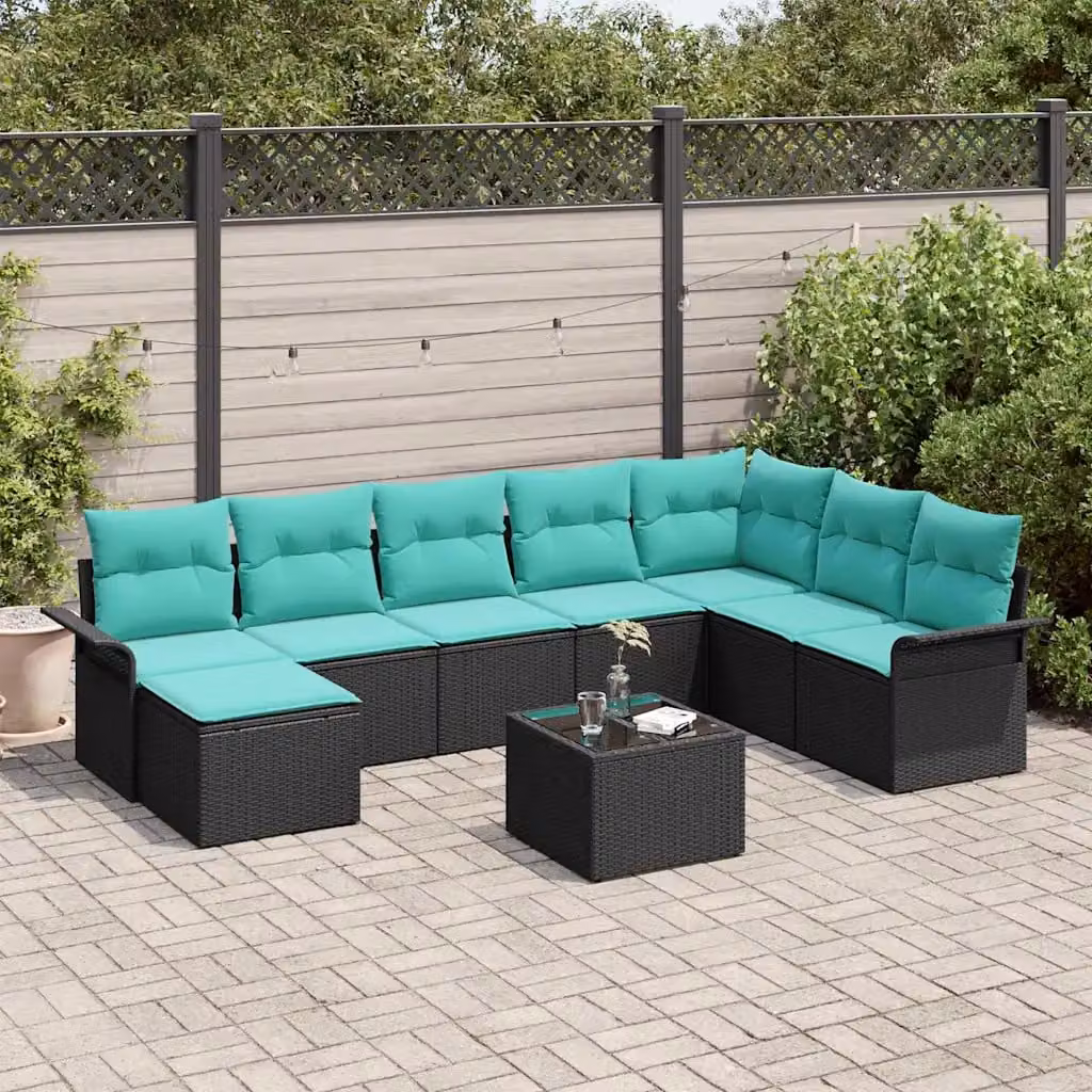 Set Divano da Giardino vidaXL 9 Pezzi a Forma di U in Polyrattan Nero con Cuscini Turchesi