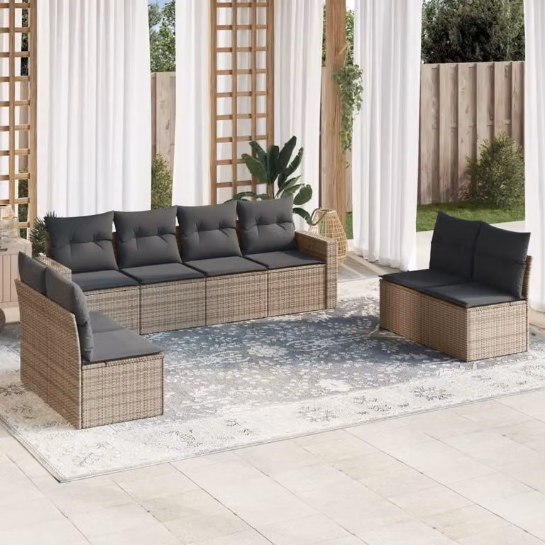 vidaXL Set Divano da Giardino 9 pz a Forma a L in Polyrattan Grigio con Cuscini e Tavolino