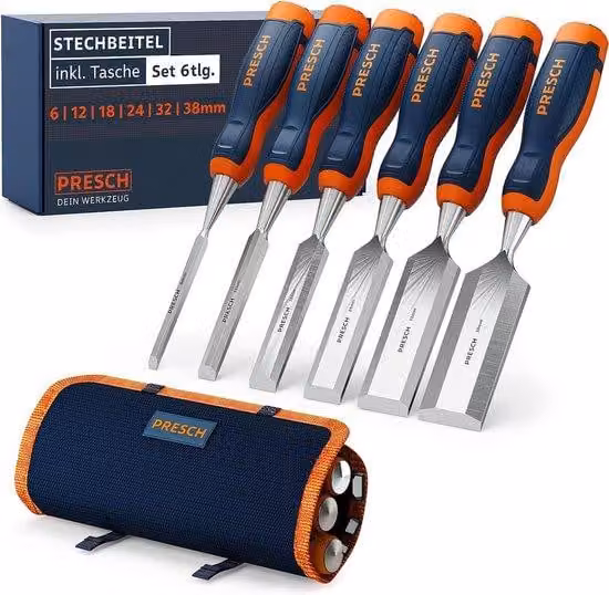 Set di scalpelli Unyqoos® da 6 pezzi – Scalpelli professionali per legno da 6/12/18/24/32/38 mm, angolo di taglio a 25°, cappuccio di battuta in metallo, finitura levigata, con custodia
