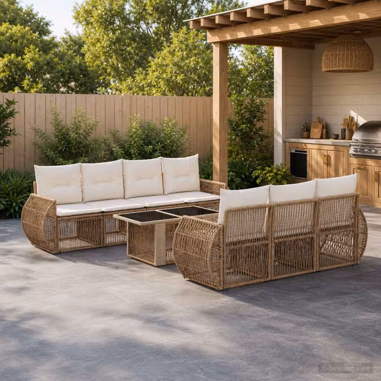 Set Divano da Giardino vidaXL 8 Pezzi in Polyrattan con Tavolino e Cuscini Beige e Bianco Crema