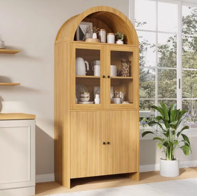 Credenza alta con ante in vetro; design ad arco; 78x40x176 cm; truciolare; naturale