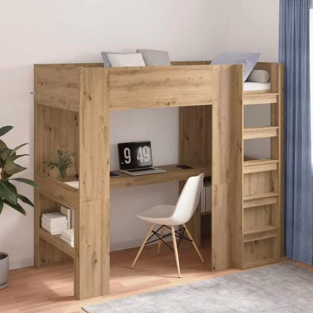 vidaXL Struttura letto a castello con scrivania e scompartimenti laterali in legno Rovere, L/P/H: 200 x 100 x 175 cm