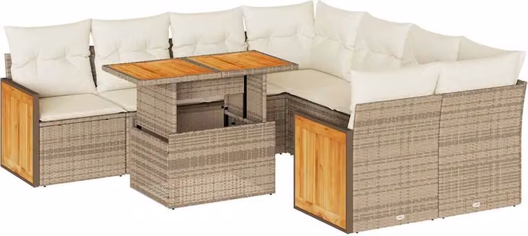 Set Divano da Giardino 9 pz con Cuscini Beige Polyrattan Acacia