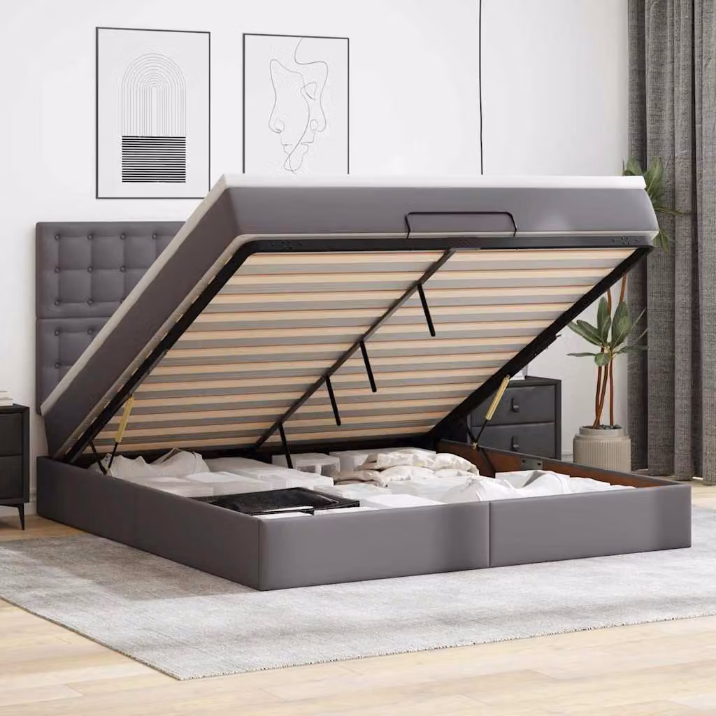 Letto con contenitore e materasso vidaXL in similpelle grigio e bianco, L/P/H: 200 x 180 x 128 cm con base a sollevamento, illuminazione sottostante e porta USB