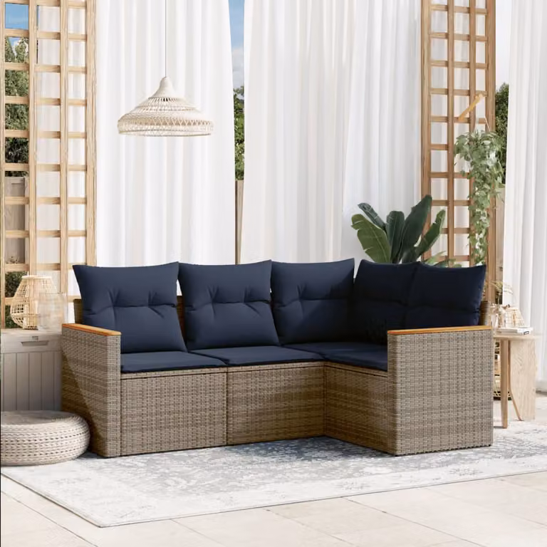 Set di divani da giardino vidaXL in rattan con cuscini grigi e blu, design moderno a forma di L con struttura in metallo e coperture rimovibili