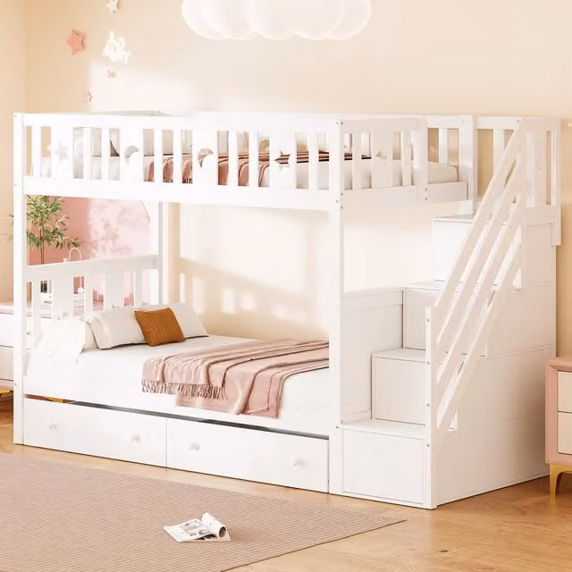 Letto a castello Mivray in legno e MDF bianco con scala contenitore a due cassetti e rete a doghe L/P: 90 x 200 cm