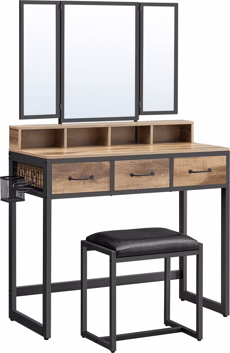 VASAGLE - Tavolino da toilette con sgabello, specchio pieghevole, porta-asciugacapelli, rovere-marrone-nero